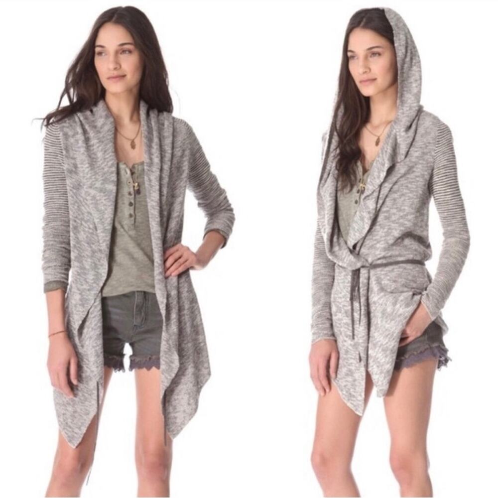 Free People For Keeps Boho Hooded Cardigan Sweater Tie Front Grey White Small